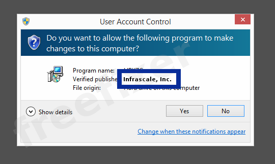 Screenshot where Infrascale, Inc. appears as the verified publisher in the UAC dialog